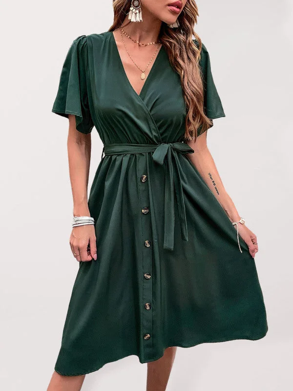 Women's Woven V Neck Short Sleeve Midi Dress Women's trendy midi dresses sale