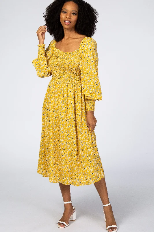 Yellow Floral Smocked Bubble Sleeve Midi Dress Tiered midi dresses