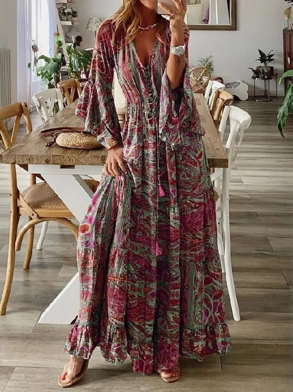 Bohemian Style Bell Sleeve Print V-neck High-waisted Resort Dress Floral Women's Dress Versatile floral dresses for all occasions