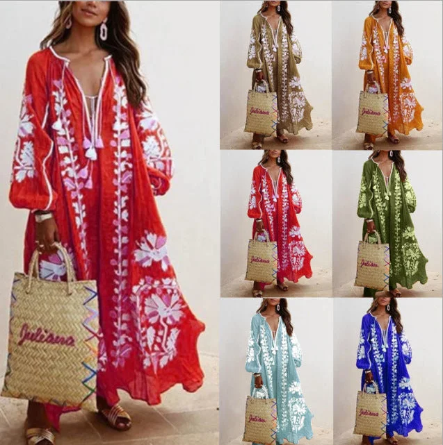 Autumn New V-neck Long-sleeved Printed Long Loose Dress Silk floral dresses