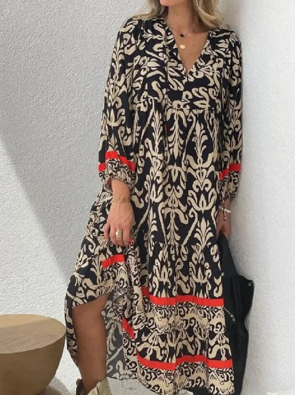 Women's Casual Straight Length Dress Fragmented Flower Print Street Dress Outdoor Daily Long Sleeve V-Neck Best floral dresses for tall women