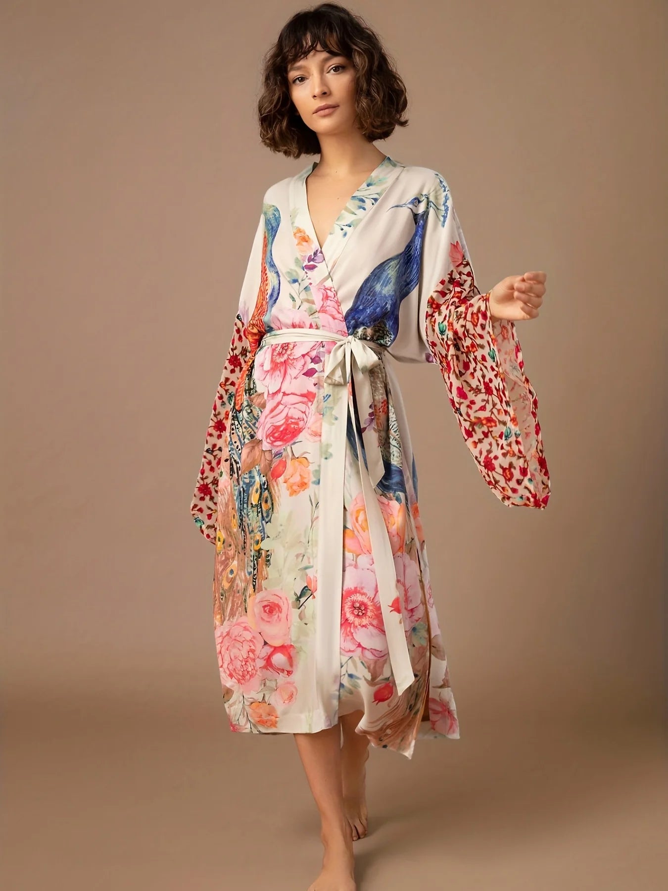 Beach Kimono for Women Peocock Printed Swimsuit Cover Up Self Belted Wrap Dresses Seaside Bathing Suits Beachwear Vintage floral dresses