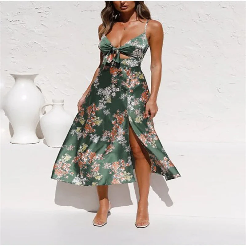 Women's Clothing New Strap Printed Women's Clothing Bow Knot Beach Backless Dress Best floral dresses for petites