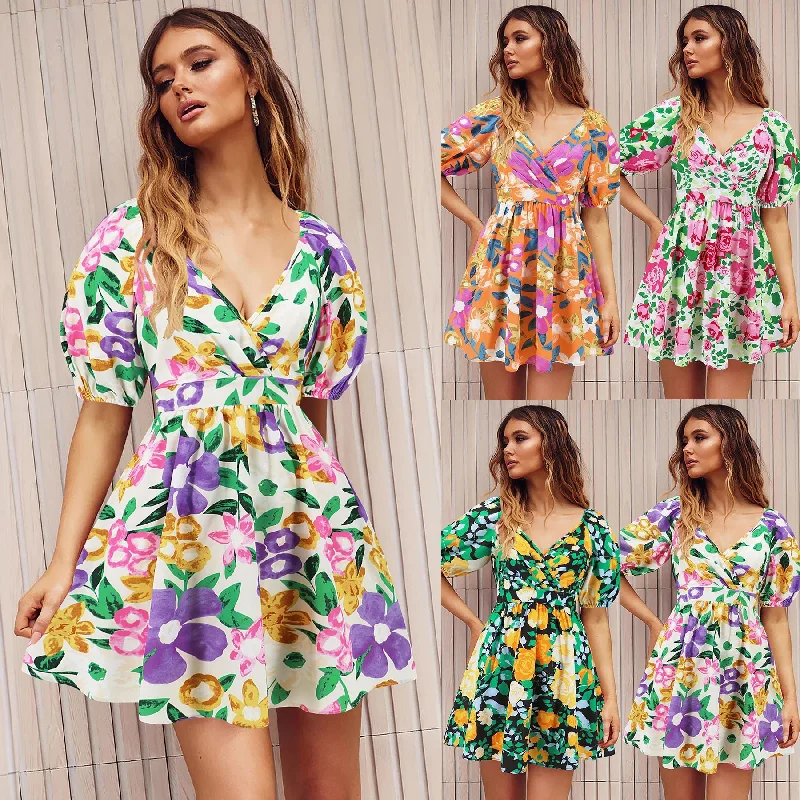 Women‘s Wear Summer New V-neck Printed Beach Lantern Sleeve Short Dress Edgy floral dresses