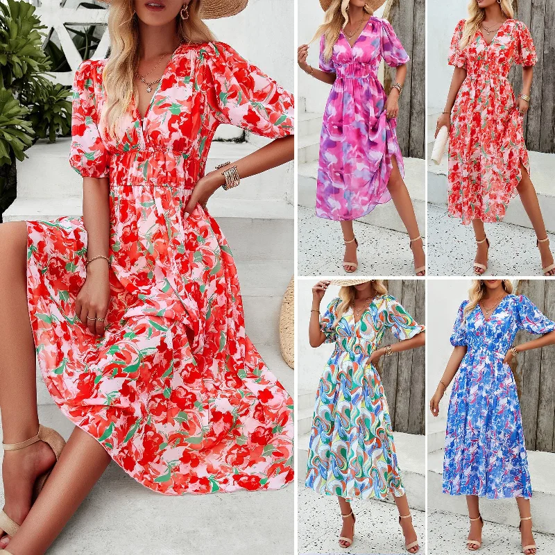 Women's Dress Spring and Summer Elegant Printed Waist V-neck Long Dress Petite floral dresses