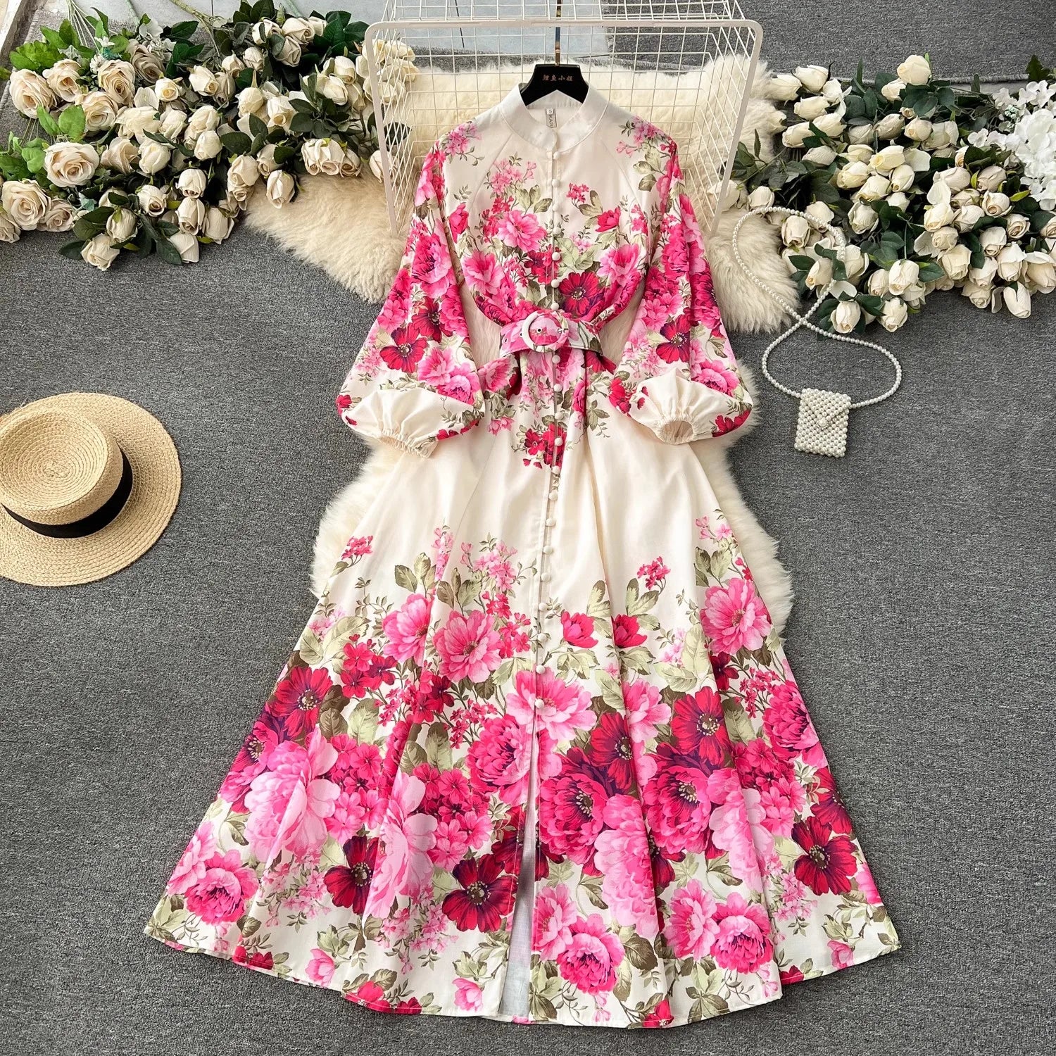 Elegant Gorgeous Floral Bohemian Dress Spring Women Stand Long Lantern Sleeve Floral Print Belt Linen Long Vestidos Clothes 6235 Tulle floral dresses