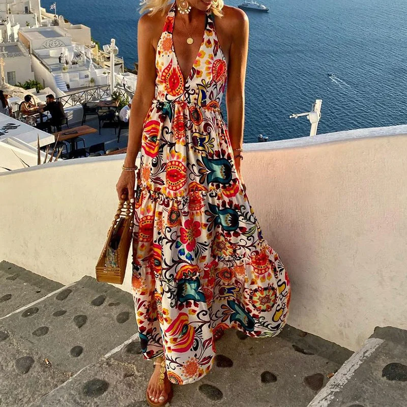 Summer New Style Fashion Deep V Halterneck Open Back Sleeveless Print Resort Beach Dress Summer floral dresses