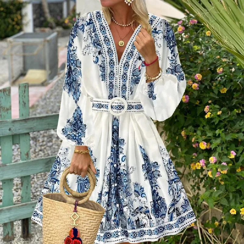 Fall New Women's Fashion V-Neck Long Sleeve Bohemian Print Dress Cute floral print summer dresses