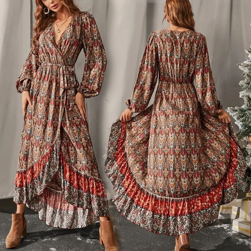 Spot Women Dress Autumn New Long-sleeved Swing Bohemian Print Dress Best floral dresses for elegant looks