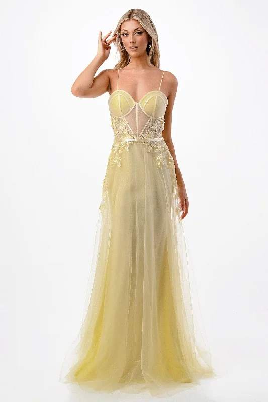 Floral Applique Sheer Bustier Gown by Coya P2110 Flattering floral dresses for all body types