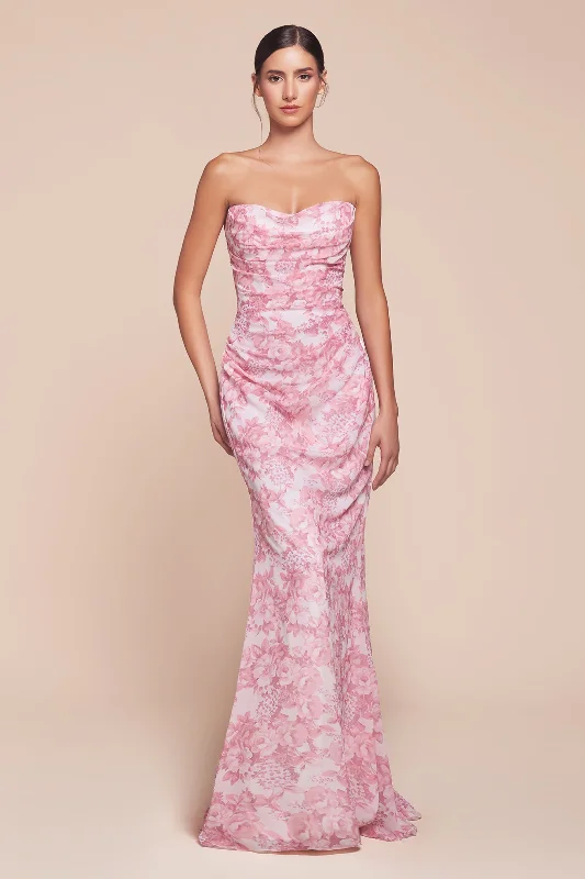 Floral Print Fitted Strapless Gown by Ladivine 7445 Y2K floral dresses