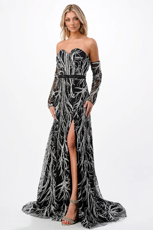 Glitter Print Long Sleeve Slit Gown by Coya P2304 Floral dresses under $50