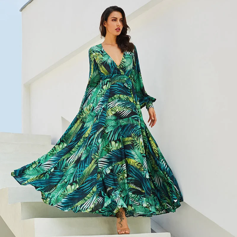 Spring and Summer New Print Dress V-neck Balloon Sleeve 3-color Dress Best floral dresses for casual outings