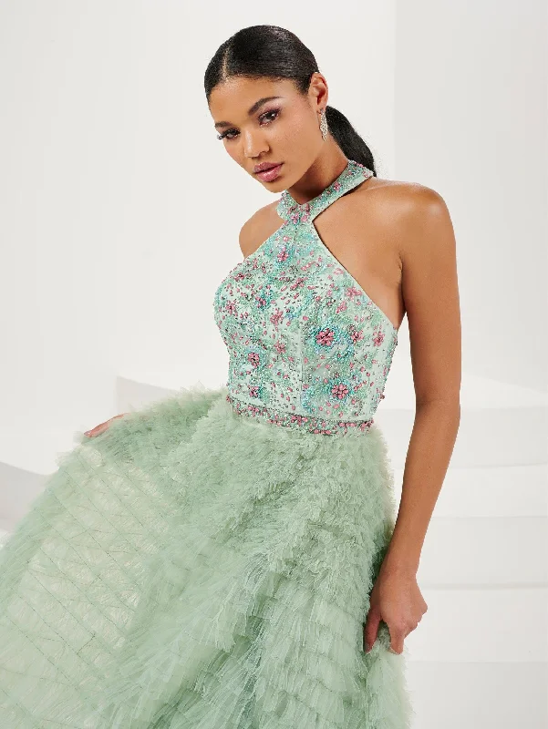 Ruffled Floral Beaded Halter A-line Gown by Panoply 14190 Satin floral dresses