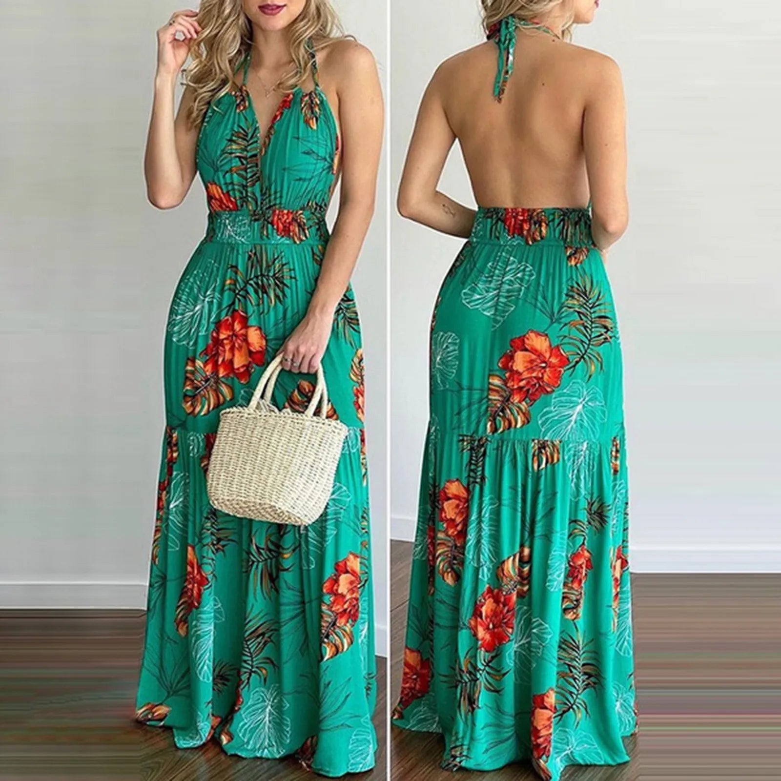 Summer Long Dress Bohemia Floral Casual Dresses Sexy Backless Halter Strapless 2023 Beach Sundress Vacation Clothes For Women Knitted floral dresses