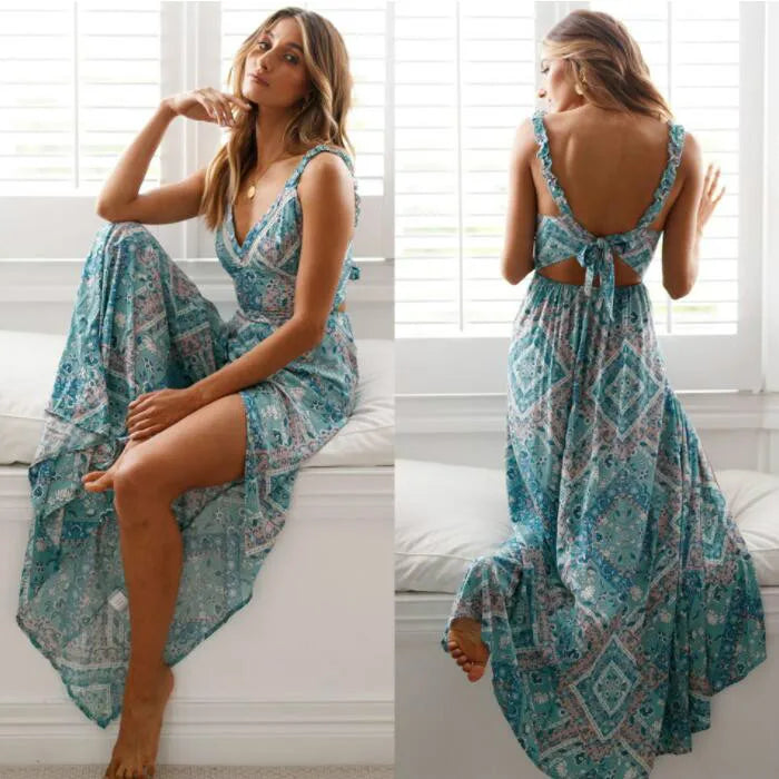 Women Sexy Backless Dress 2019 Summer Bohemian Floral Print Long Dresses Femal V Neck Vestidos Plus Size Lady Casual Clothes Organza floral dresses