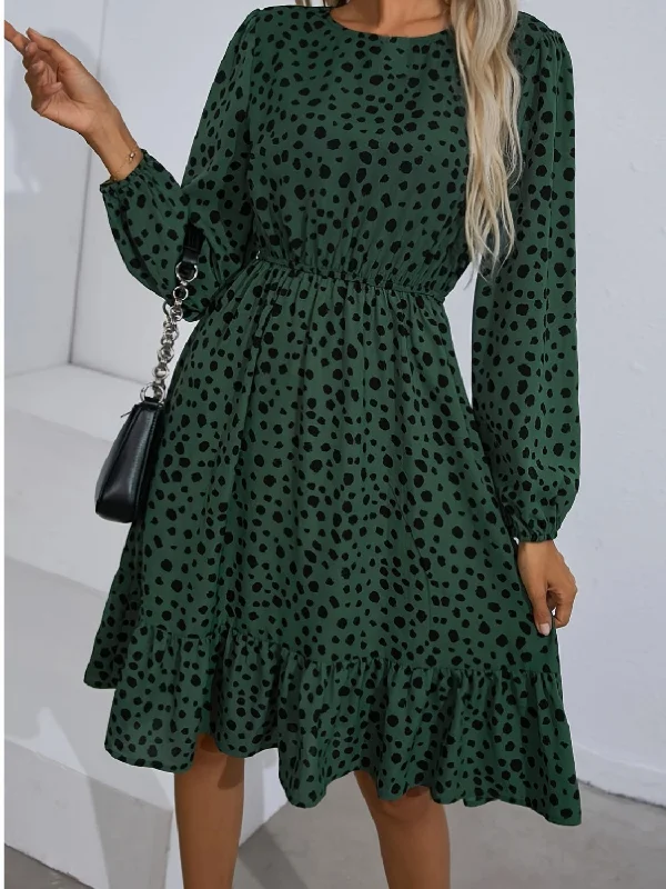 Printed Round Neck Balloon Sleeve Dress Club unclassified dresses