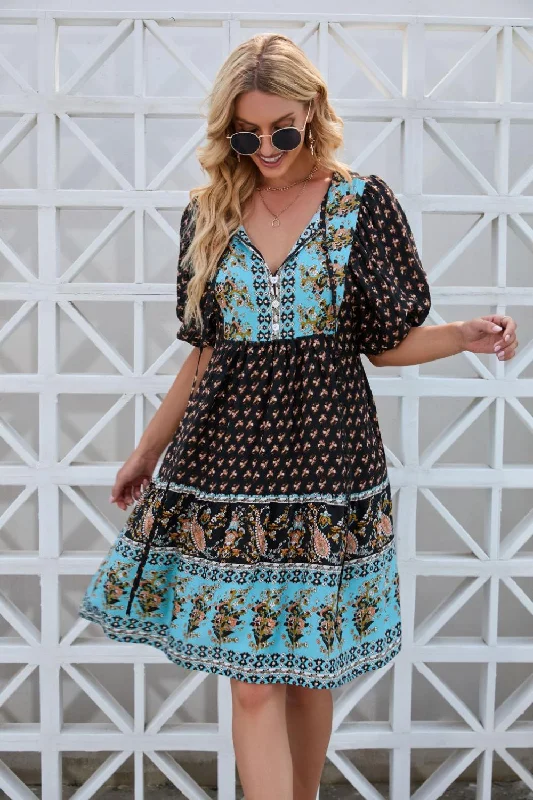 Printed Tie Neck Half Sleeve Dress Casual chic unclassified dresses