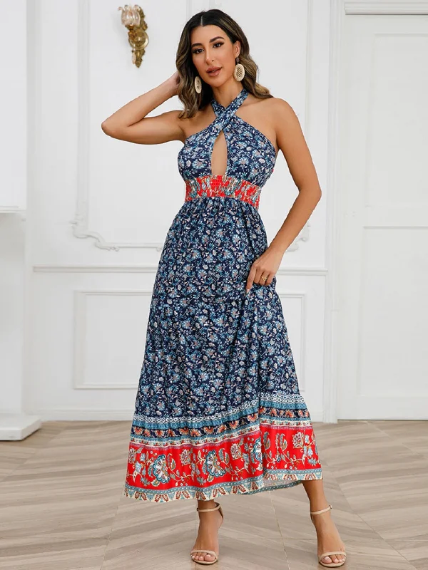 Smocked Printed Halter Neck Dress Graduation unclassified dresses