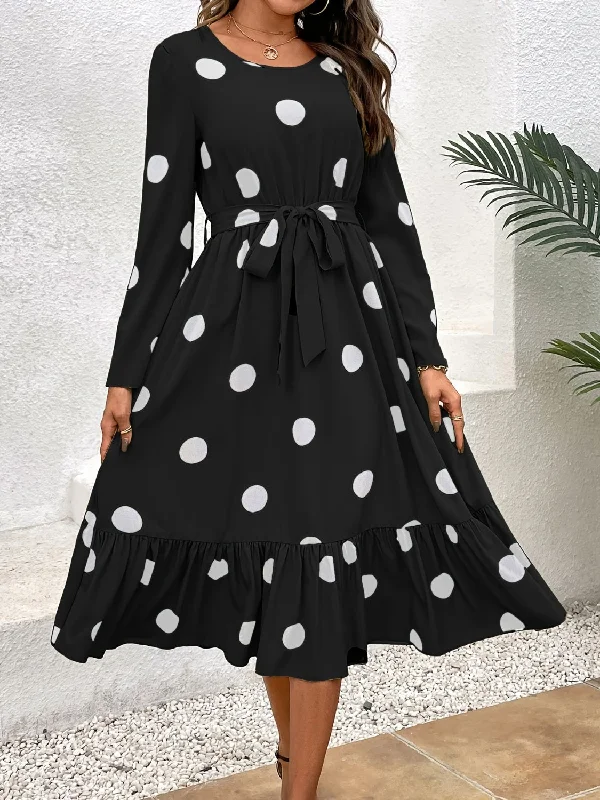 Tied Polka Dot Round Neck Ruffle Hem Dress Polka dot unclassified dresses