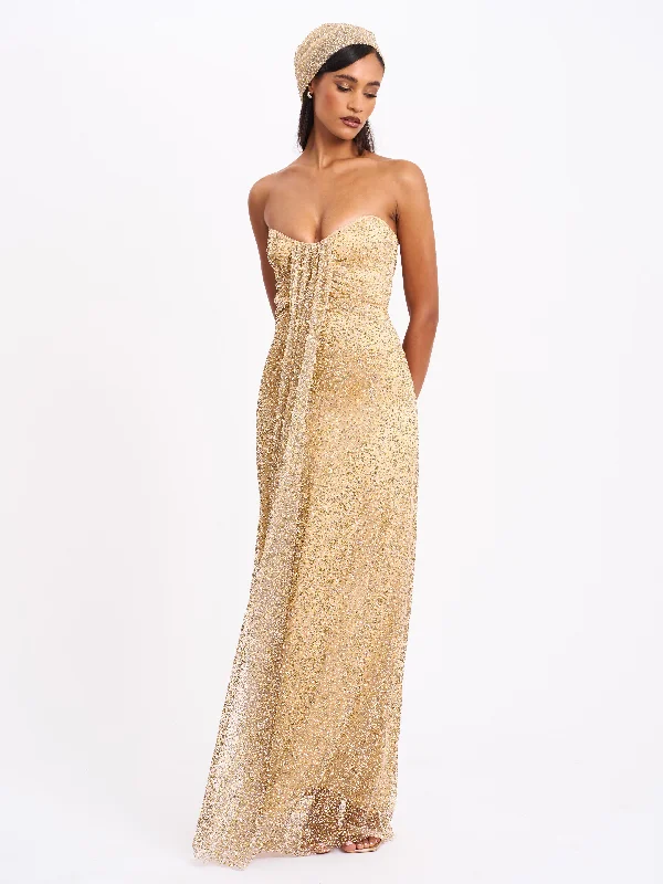 Ada Gold Rhinestone Embellished Strapless Gown with Head Scarf Polka dot unclassified dresses