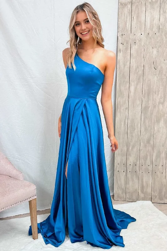 Blue One-Shoulder Wrap A-Line Prom Dress Neutral tone unclassified dresses