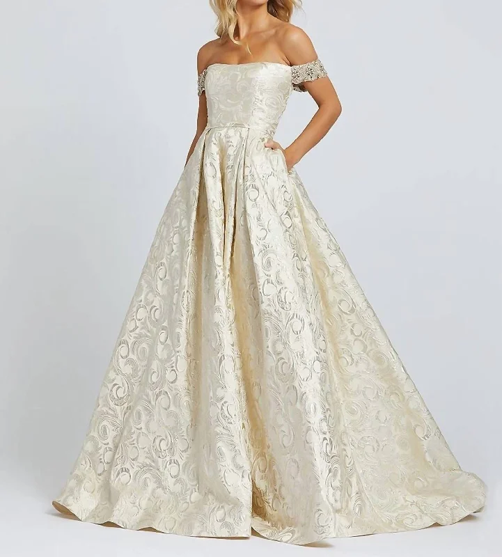 Brocade Off Shoulder Ball Gown In Gold Bright color unclassified dresses