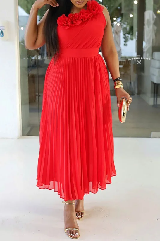 Classic Solid Rose Pleated Dress Vacation unclassified dresses