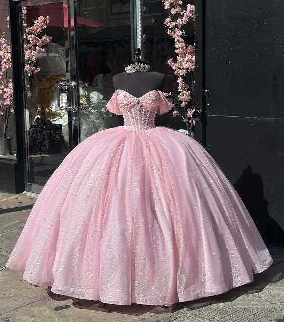 Carine | Glitter Off The Shoulder Pink Ball Gown Quinceanera Dresses Summer unclassified dresses