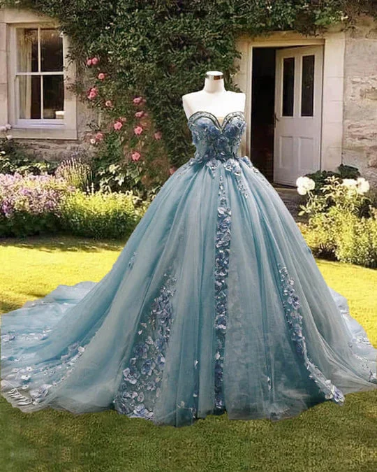 Dusty Blue Sweetheart Ball Gown Quinceanera Dress Strapless with 3D Flowers Sequin unclassified dresses