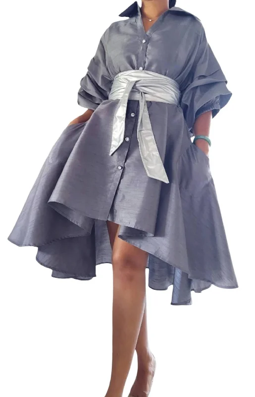 Faux Silk Swing Dress In Gray Lightweight unclassified dresses