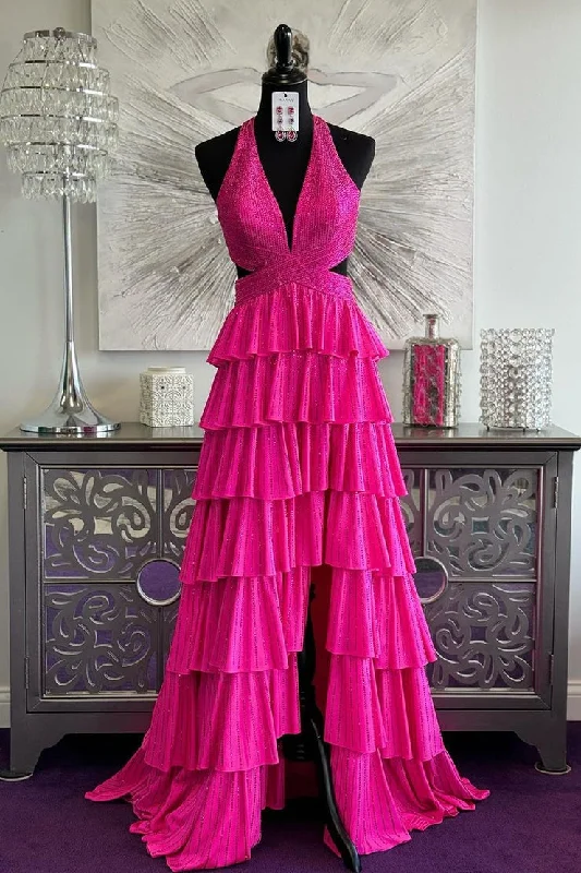 Fuchsia A Line V Neck Beading Prom Dress with Slit Stylish unclassified dresses