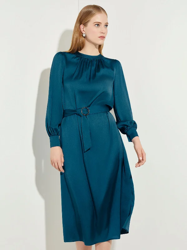 Gathered Neck Belted Crepe de Chine Dress Discounted unclassified dresses