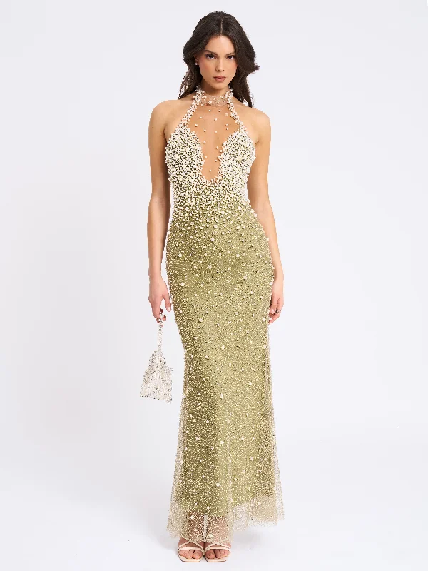 Ginny Pear Green Pearl Embellished Backless Gown Halter unclassified dresses