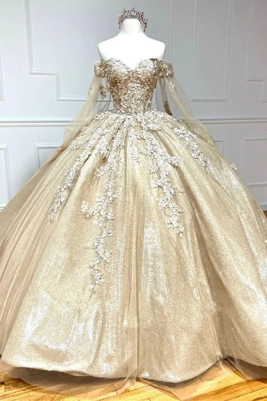 Glamorous Gold Sweetheart Ball Gown with Cape Sleeves Quinceanera Dress Chic unclassified dresses