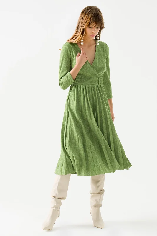 Green Shiny Pleated Wrap Knitted Dress High-end unclassified dresses