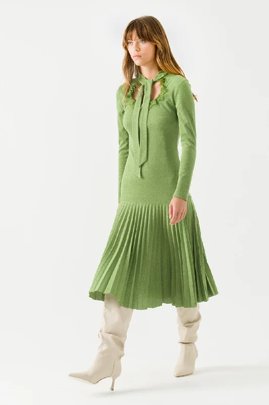 Green Pleated Knitwear Dress with Tied Collar Lounge unclassified dresses