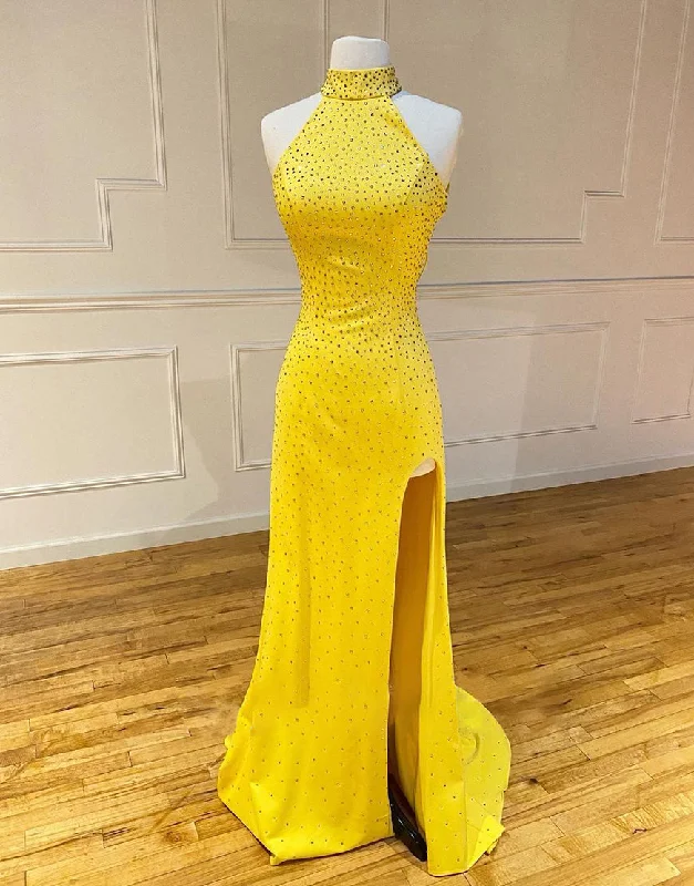 High Neck Mermaid Yellow Prom Dress with Split Stretchy unclassified dresses