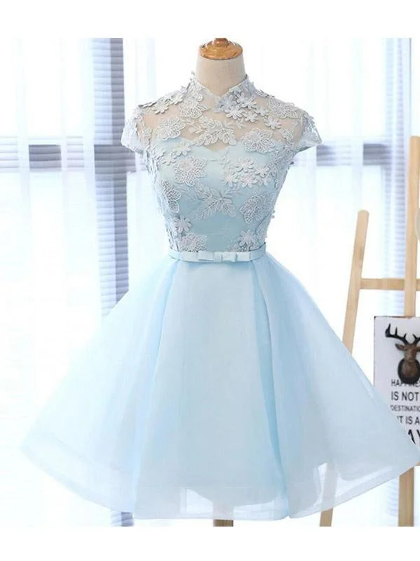 High Neckline Light Blue Cute Homecoming Prom Dresses, Affordable Sweet 16 Dresses, CM331 Sequin unclassified dresses