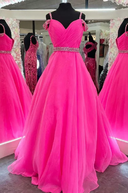 Hot Pink Beaded Cold-Shoulder A-Line Prom Dress Lightweight unclassified dresses