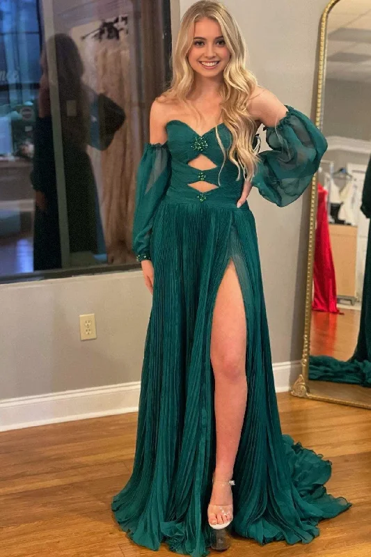 Hunter Green Rhinestones Strapless A-Line Prom Dress with Sleeves Summer unclassified dresses