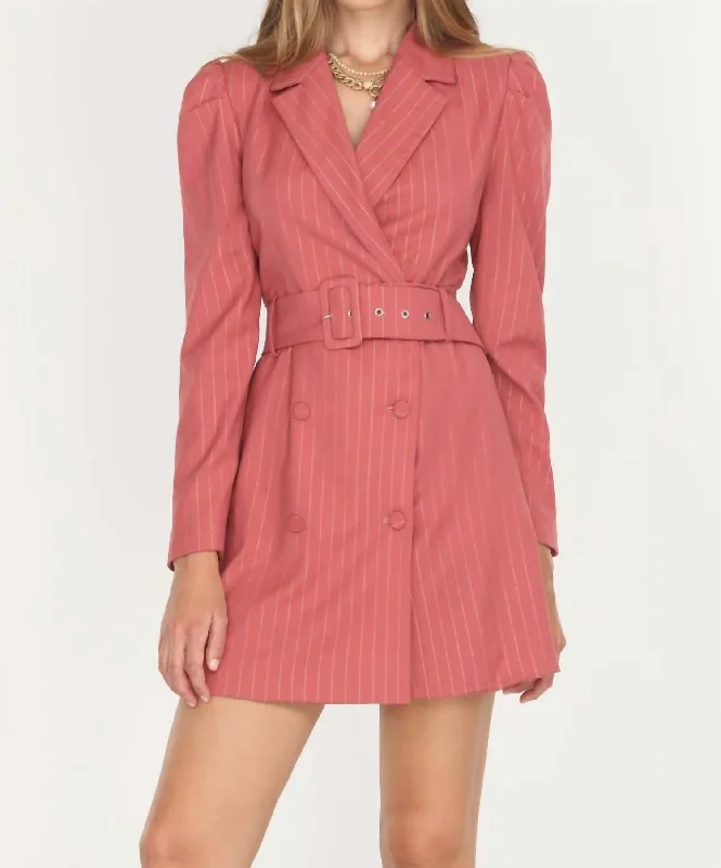 Kayla Pinstripe Belted Blazer Dress In Desert Rose Vacation unclassified dresses