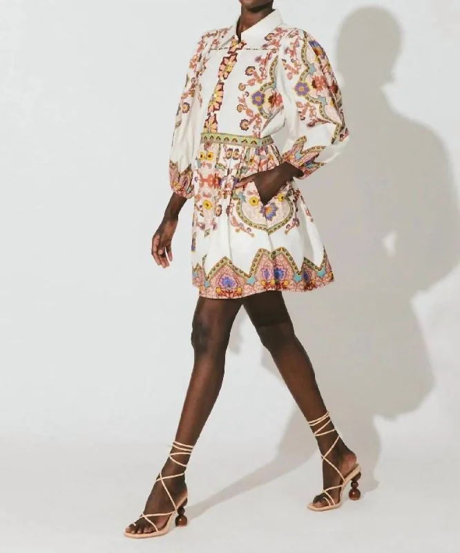 Leigh Mini Dress In Lagos Print Faded Denim Skirt