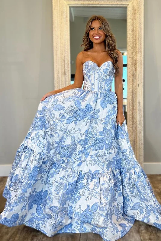 Light Blue Jacquard Satin A Line Sweetheart Tiered Prom Dress Date night unclassified dresses