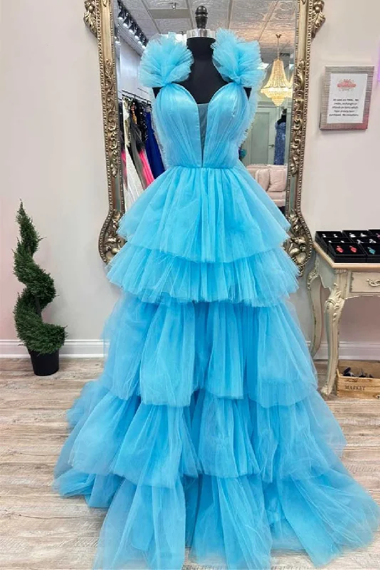 Light Blue Ruffle Straps A-Line Tiered Prom Dress Trendy new unclassified dresses