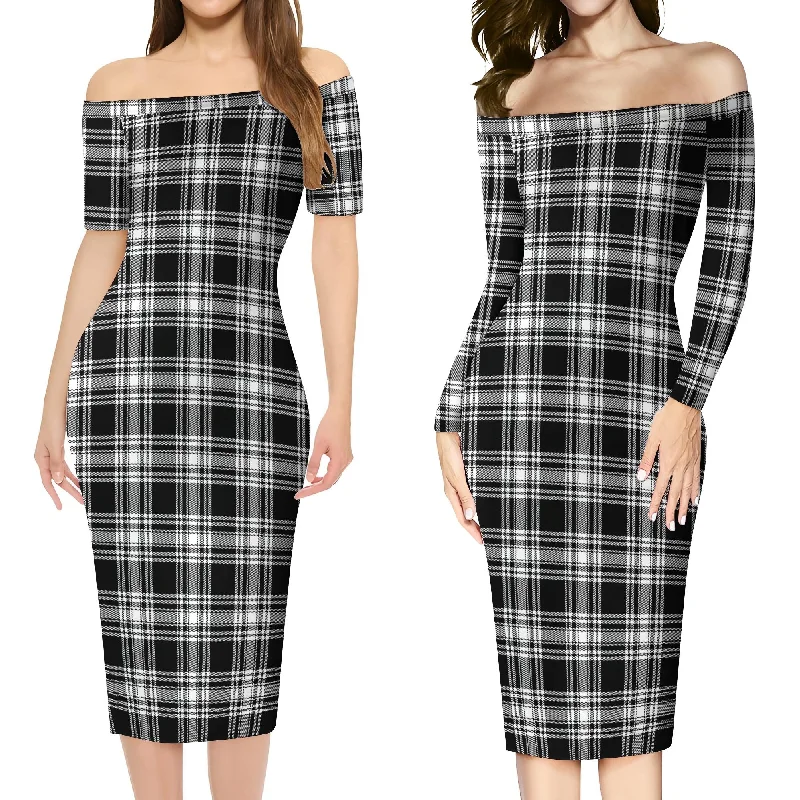 Menzies Black and White Tartan Off Shoulder Lady Dress Denim unclassified dresses