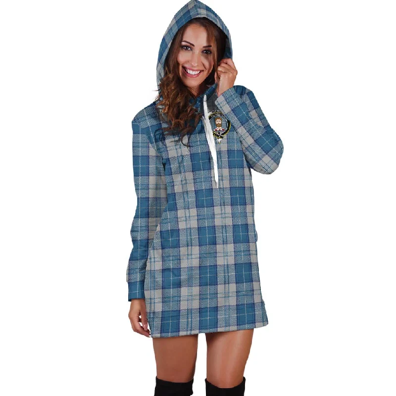 Menzies Dress Blue and White Tartan Hoodie Dress with Family Crest Vacation unclassified dresses