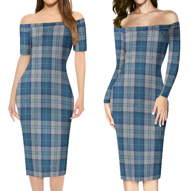 Menzies Dress Blue and White Tartan Off Shoulder Lady Dress Office unclassified dresses