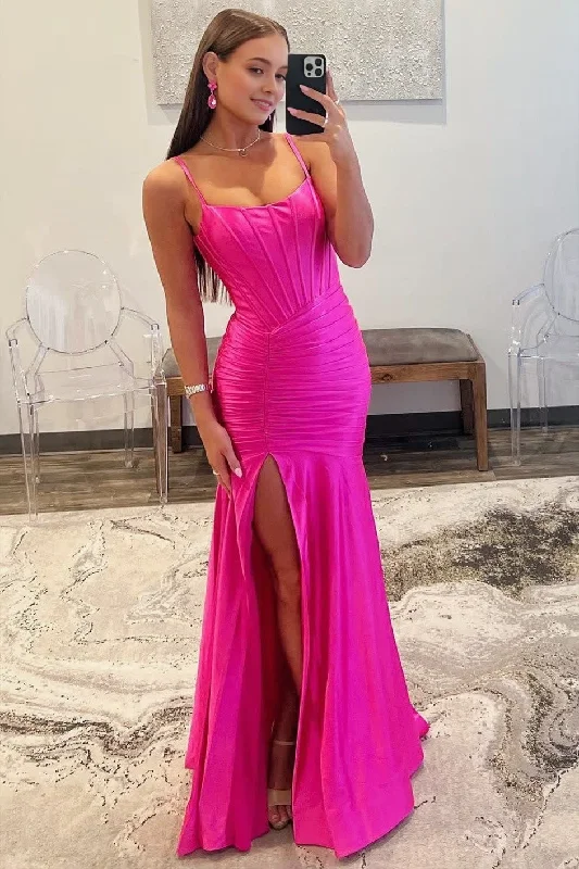 Mermaid Scoop Neck Satin Prom Dress with Slit Plus size unclassified dresses