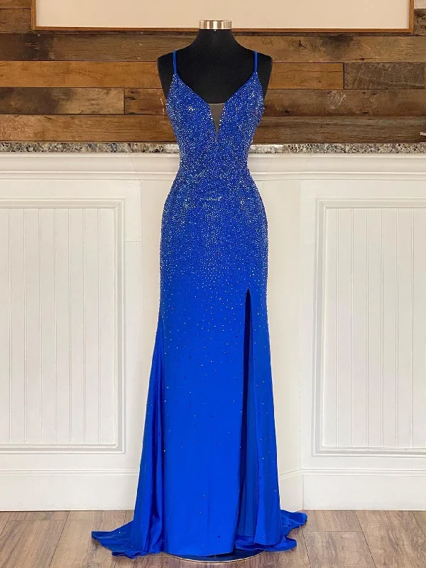 Mermaid V Neck Beaded Jersey Prom Dress with Slit Knitted unclassified dresses